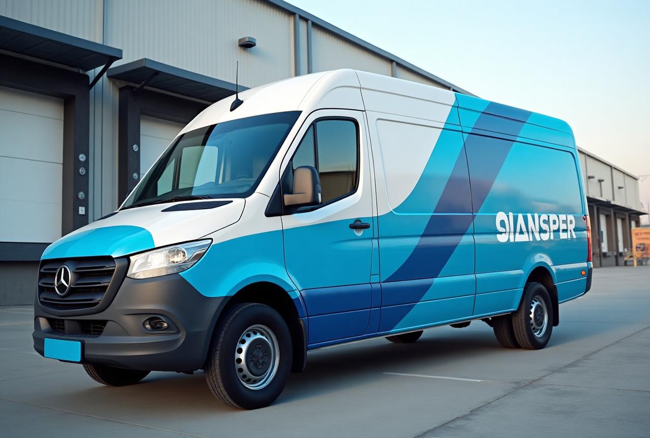 Commercial delivery van with company branding in warehouse area