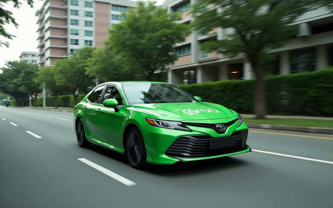 Professional Grab Gojek private hire vehicle wrap in Singapore garage