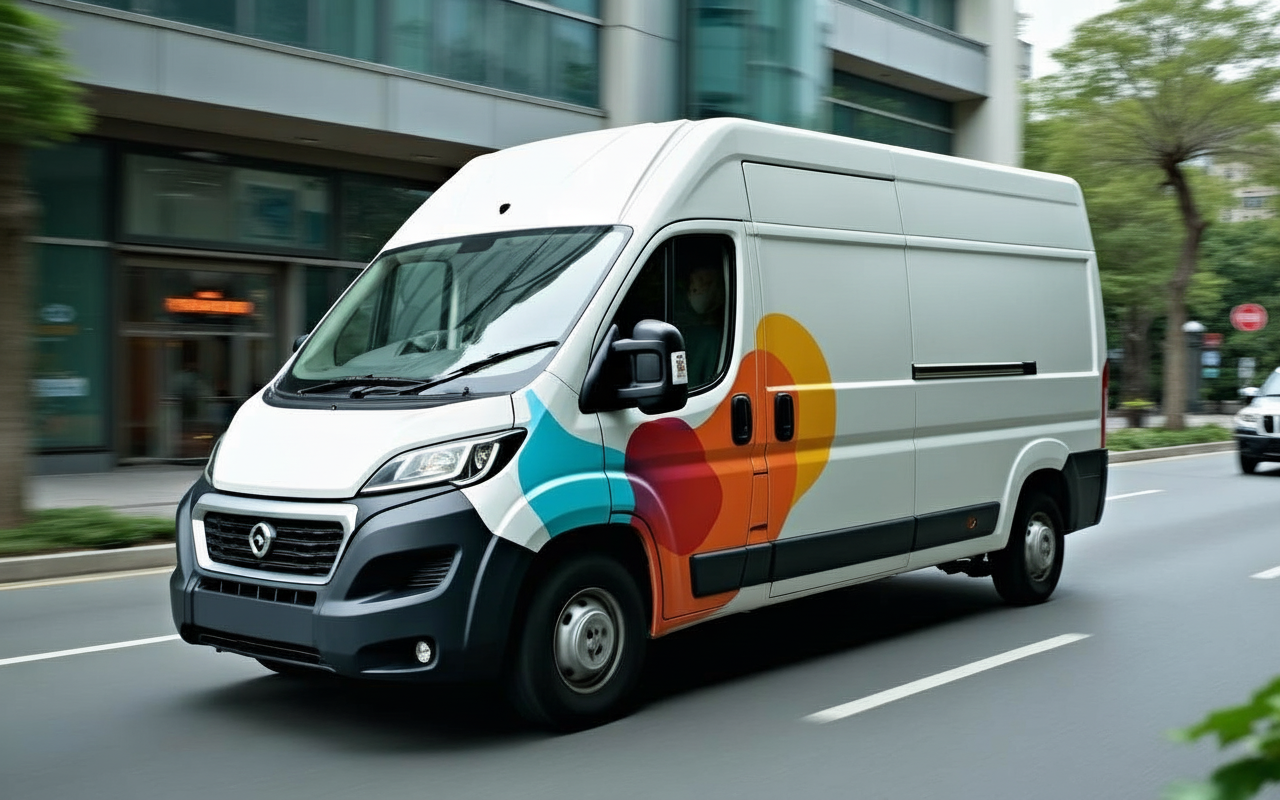 Commercial van with full branded wrap in Singapore garage